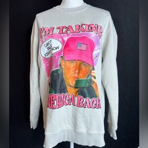 White Graphic Pullover Sweater with Pink trump image